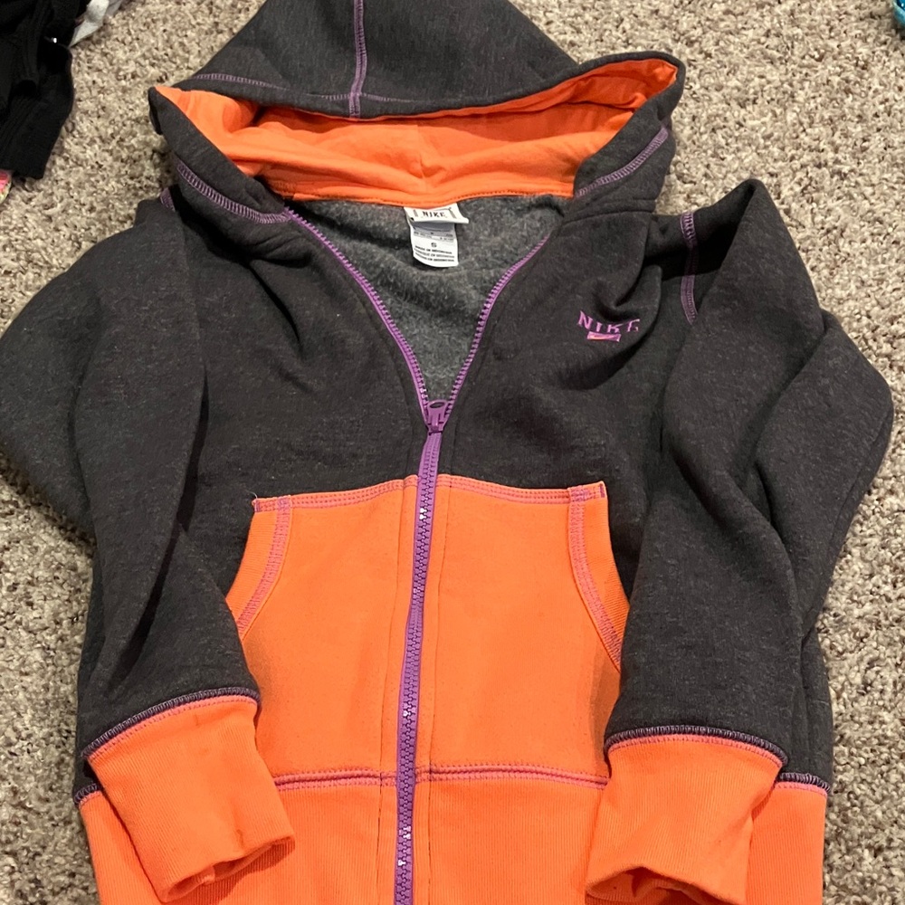 Nike Girls Charcoal and Orange Zip-Up Hoodie Size Small